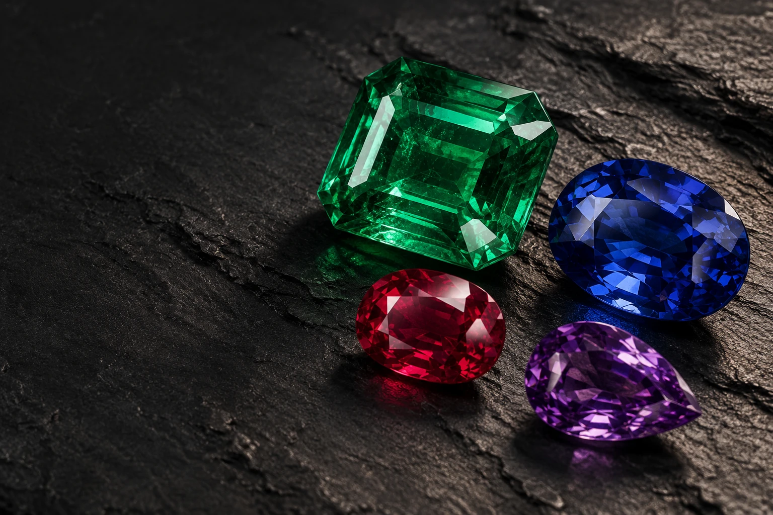 Illustrative arrangement of green, blue, red and violet faceted gemstones on dark slate